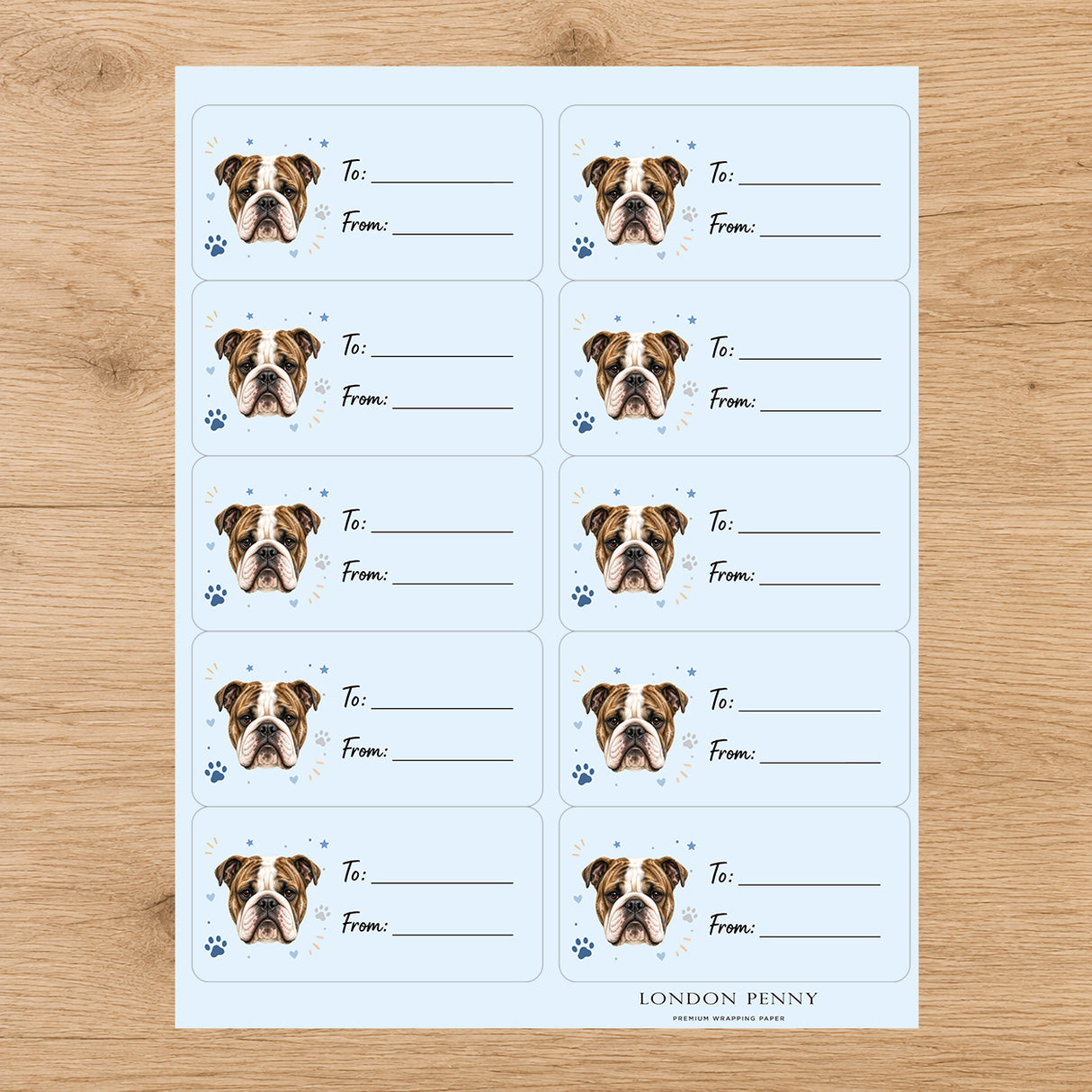 English Bulldog Pawprint Wishes Gift Tag Sticker Sheet