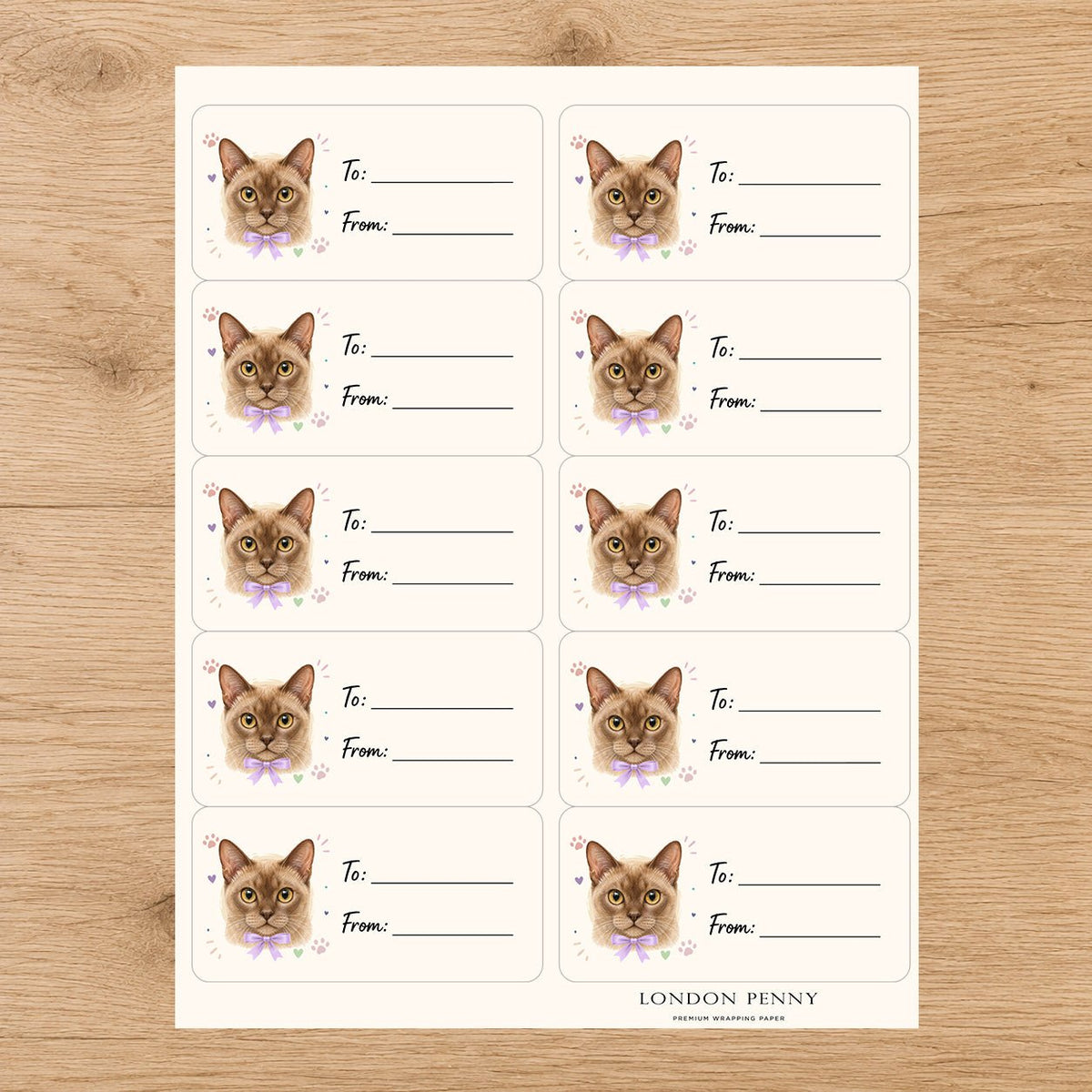 European Burmese Purrfectly Yours Gift Tag Sticker Sheet - London Penny Gift Wrap