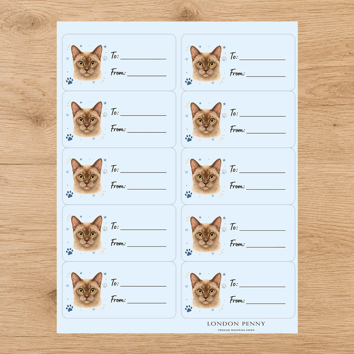 European Burmese Pawprint Wishes Gift Tag Sticker Sheet