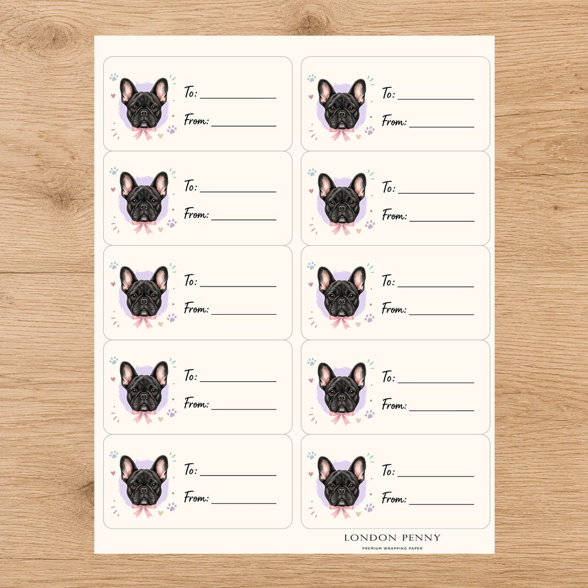 French Bulldog Paws & Bows Gift Tag Sticker Sheet