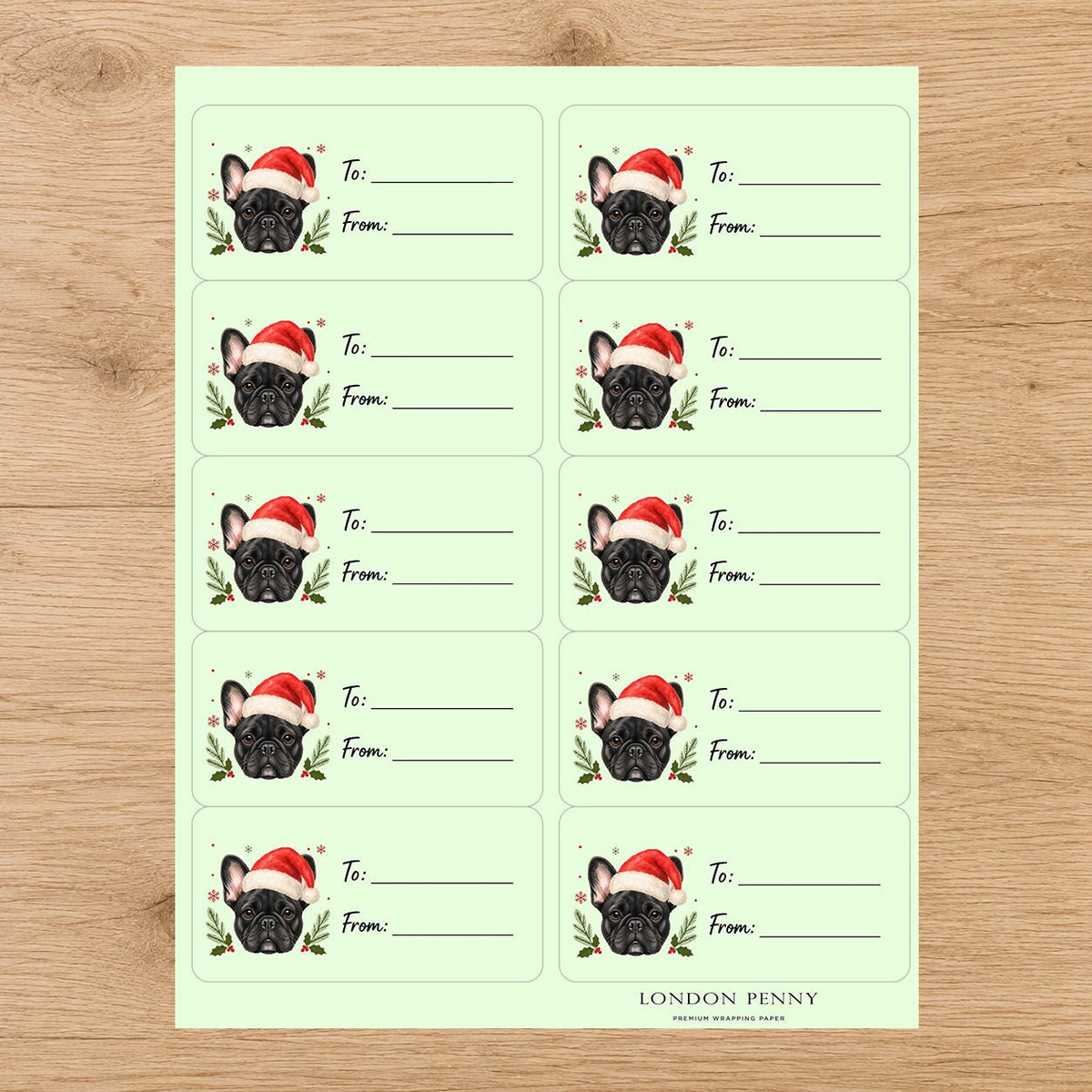 French Bulldog Santa Paws Gift Tag Sticker Sheet - London Penny Gift Wrap