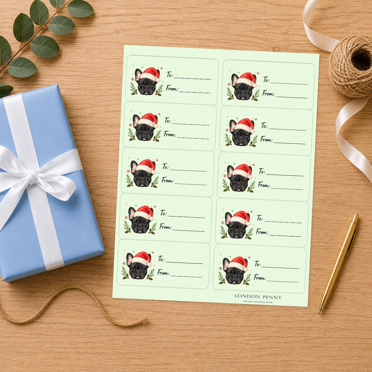 French Bulldog Santa Paws Gift Tag Sticker Sheet - London Penny Gift Wrap