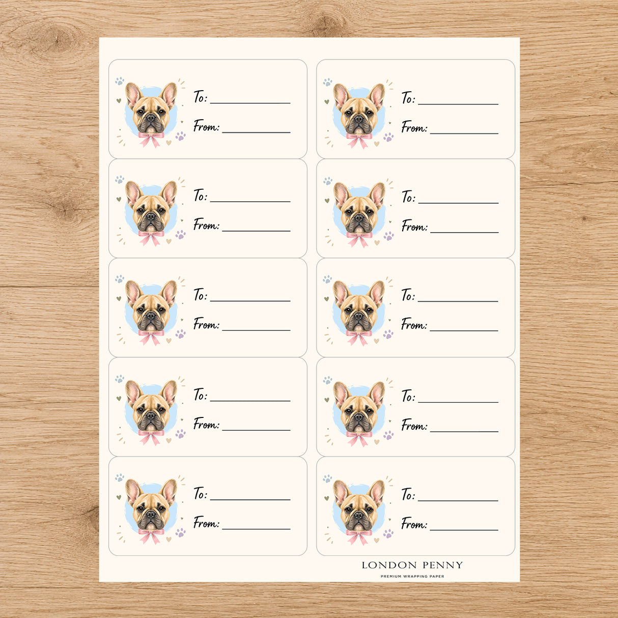 French Bulldog Paws & Bows Gift Tag Sticker Sheet