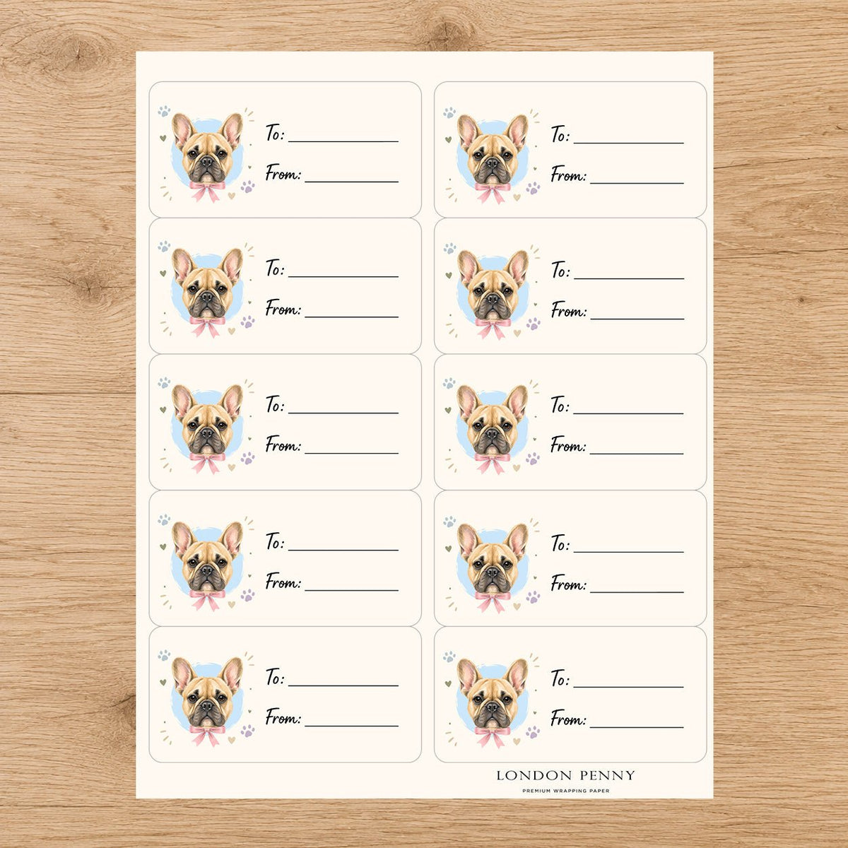 French Bulldog Paws & Bows Gift Tag Sticker Sheet - London Penny Gift Wrap