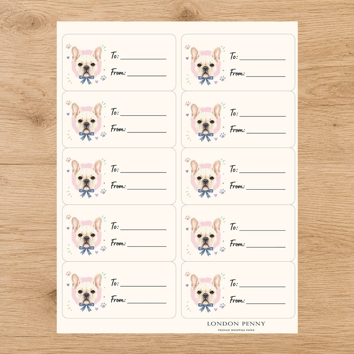 French Bulldog Paws & Bows Gift Tag Sticker Sheet - London Penny Gift Wrap