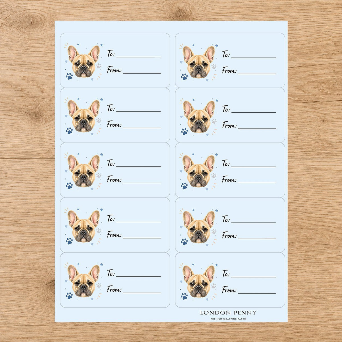 French Bulldog Pawprint Wishes Gift Tag Sticker Sheet - London Penny Gift Wrap