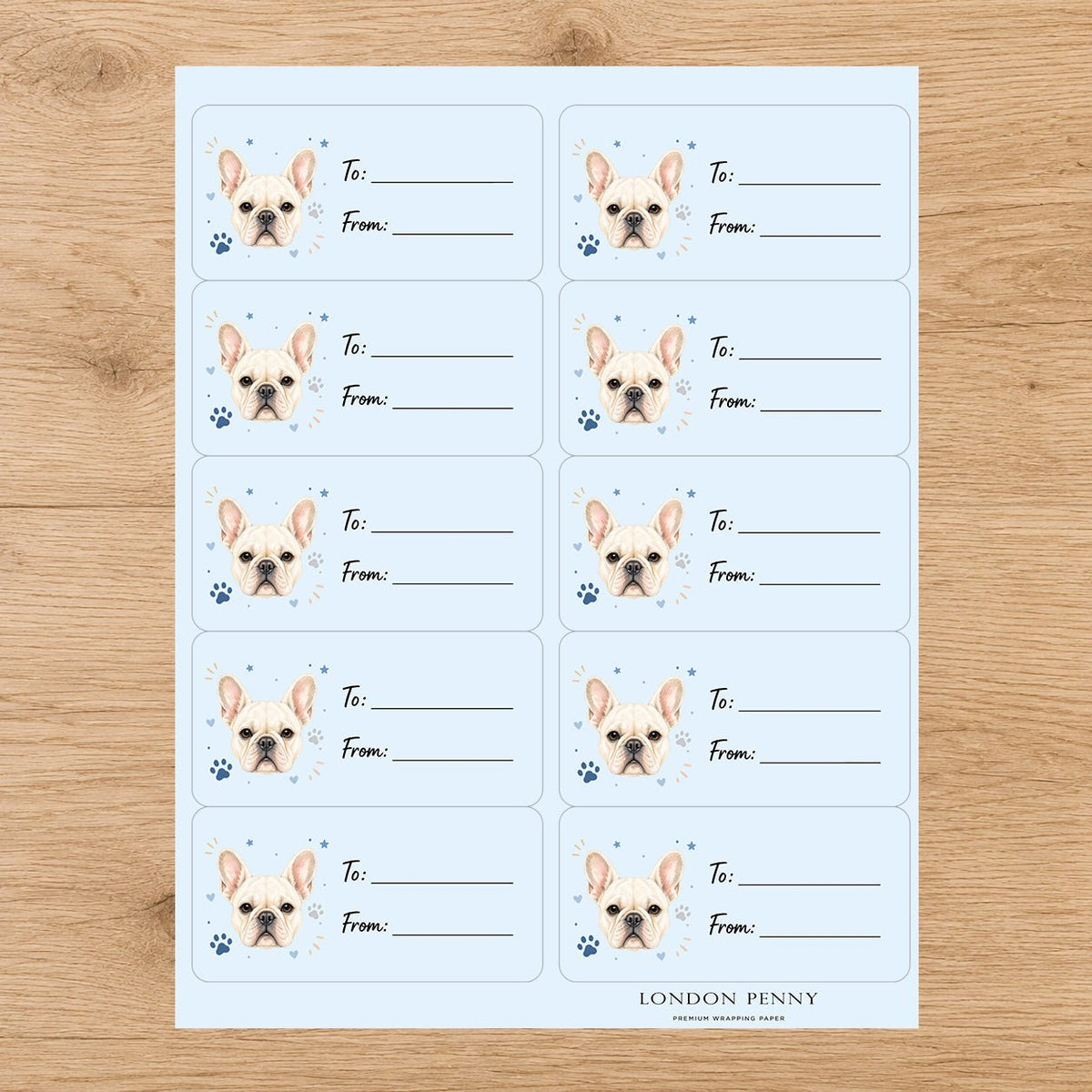 French Bulldog Pawprint Wishes Gift Tag Sticker Sheet - London Penny Gift Wrap