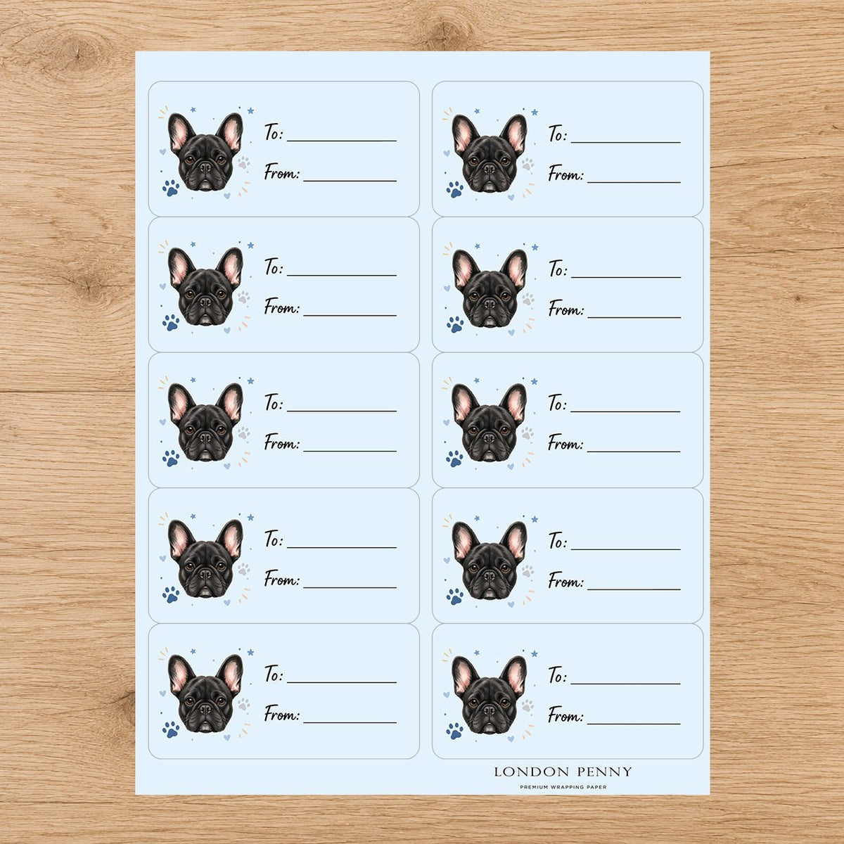 French Bulldog Pawprint Wishes Gift Tag Sticker Sheet - London Penny Gift Wrap