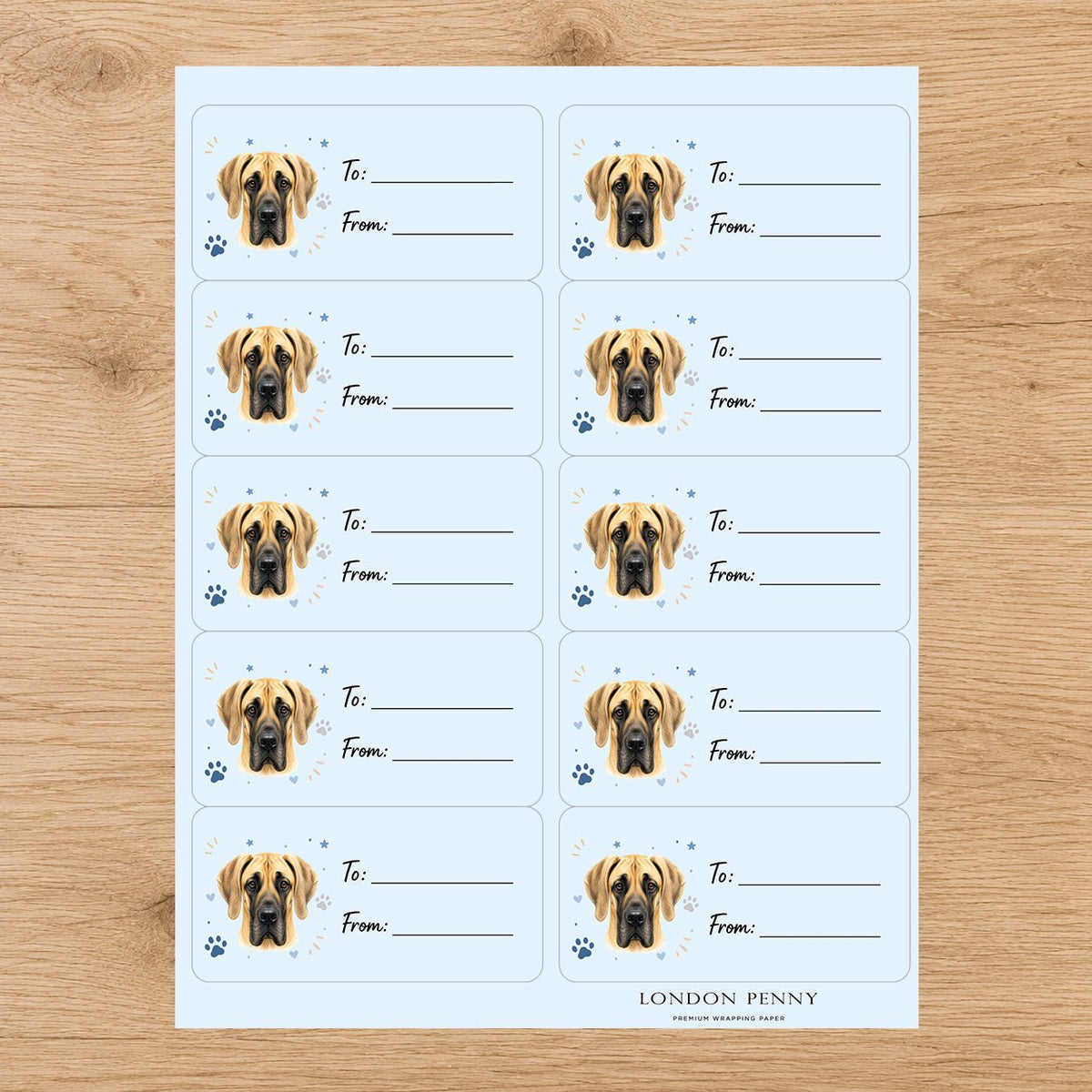 Great Dane Pawprint Wishes Gift Tag Sticker Sheet - London Penny Gift Wrap