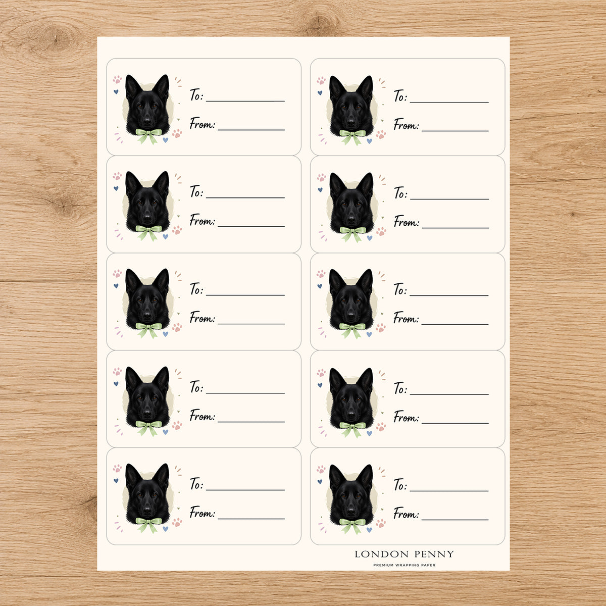 German Shepherd Paws & Bows Gift Tag Sticker Sheet