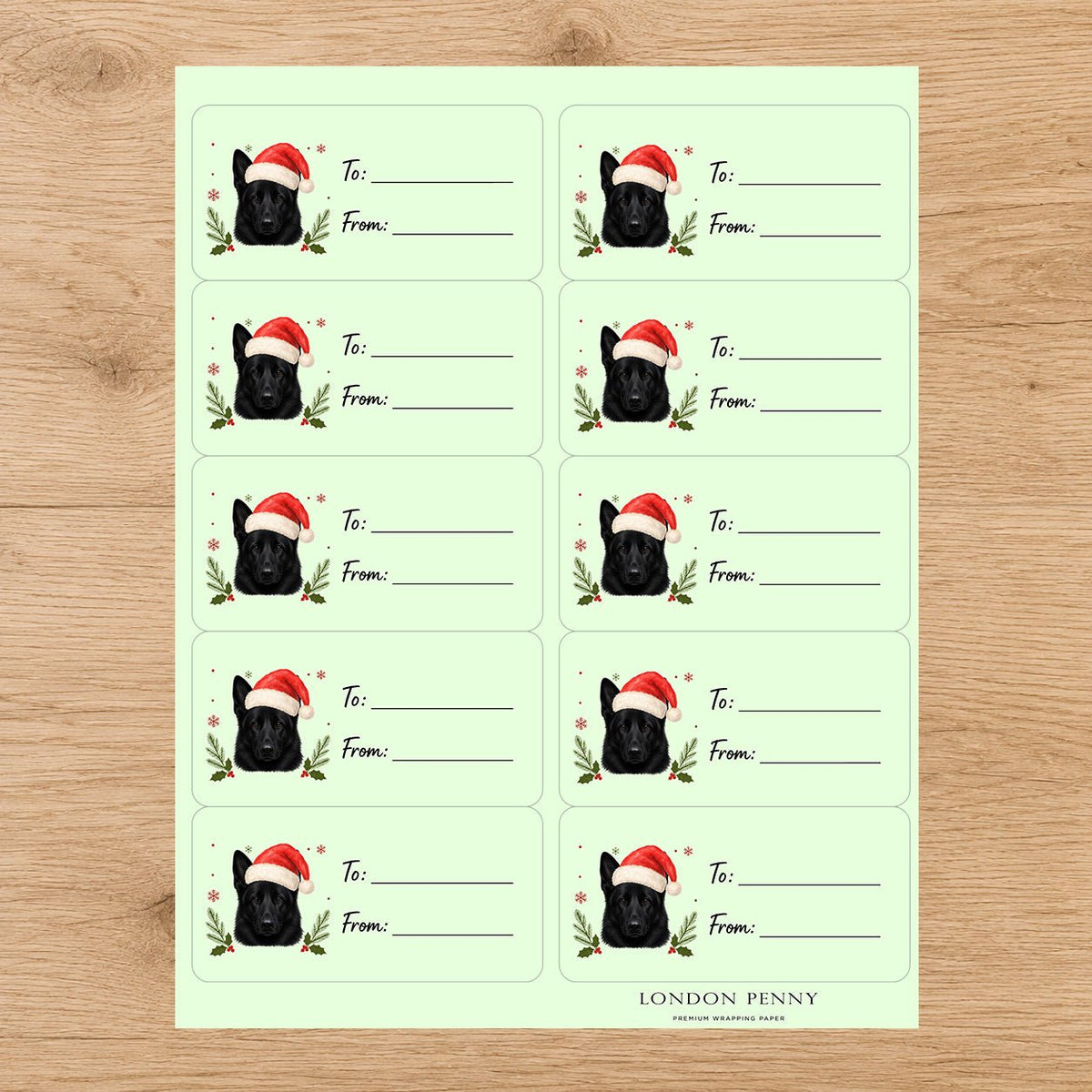 German Shepherd Santa Paws Gift Tag Sticker Sheet - London Penny Gift Wrap
