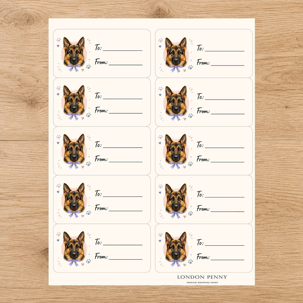 German Shepherd Paws & Bows Gift Tag Sticker Sheet - London Penny Gift Wrap