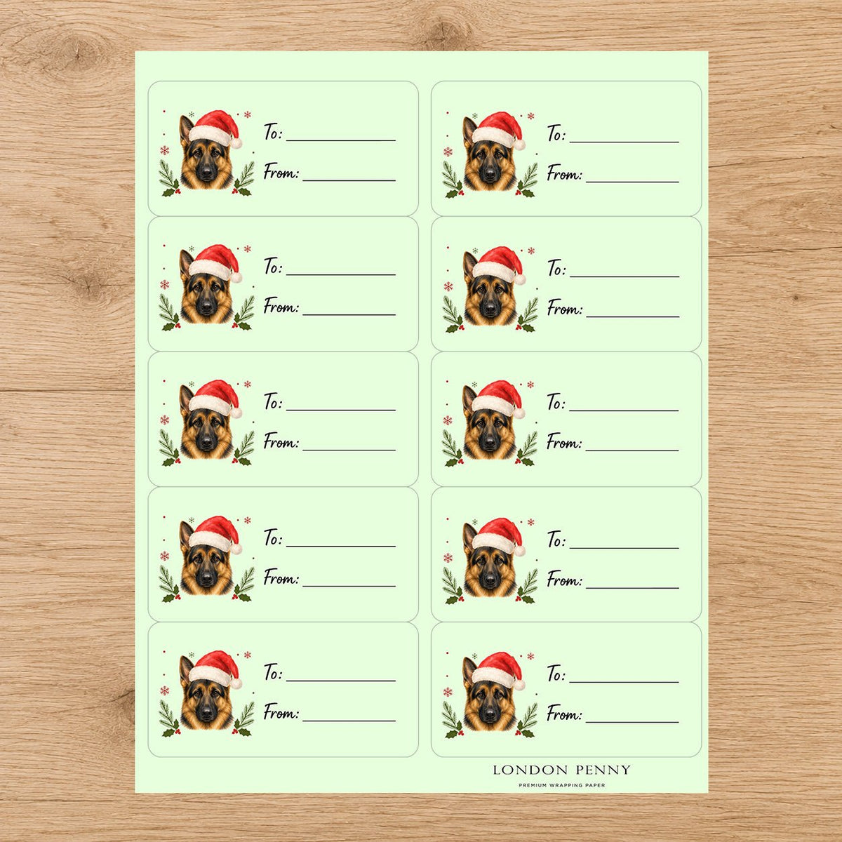 German Shepherd Santa Paws Gift Tag Sticker Sheet - London Penny Gift Wrap