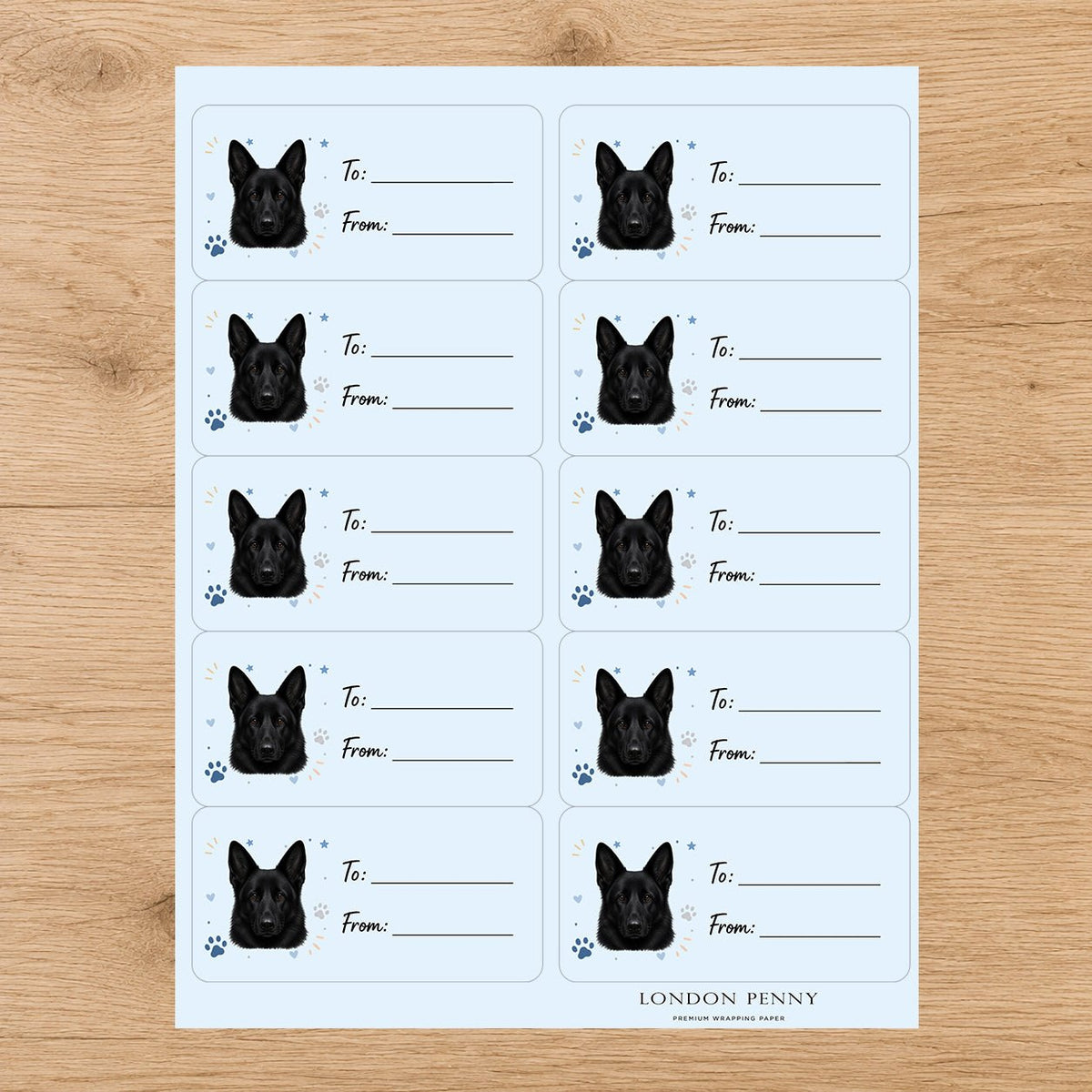 German Shepherd Pawprint Wishes Gift Tag Sticker Sheet - London Penny Gift Wrap