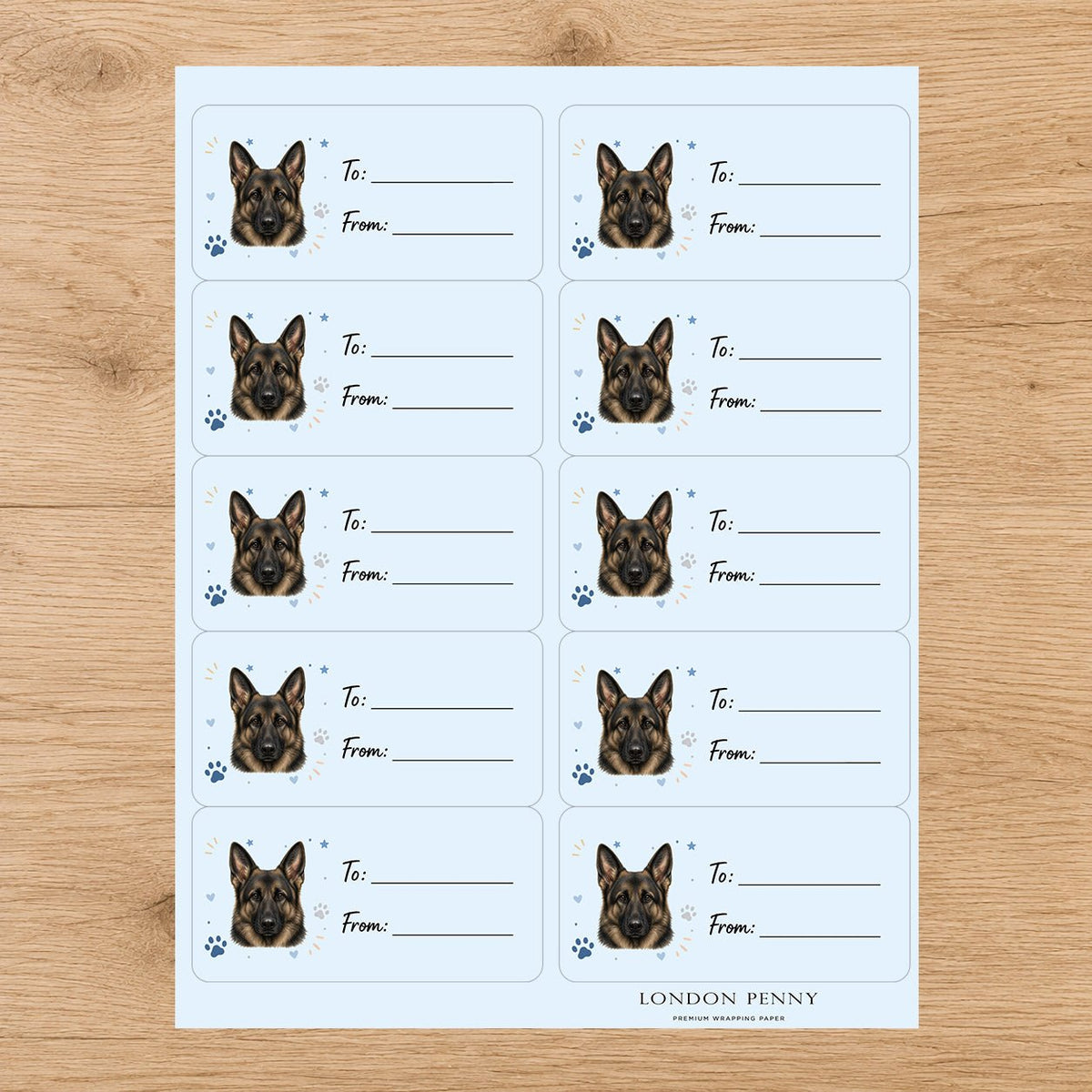 German Shepherd Pawprint Wishes Gift Tag Sticker Sheet - London Penny Gift Wrap