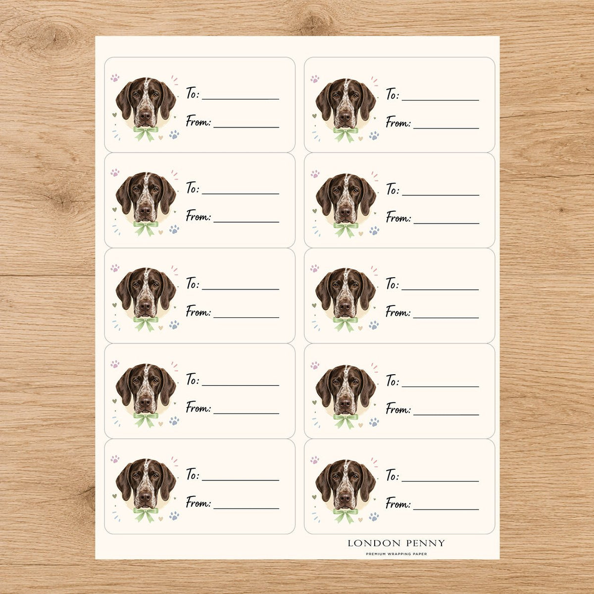 German Shorthaired Pointer Paws & Bows Gift Tag Sticker Sheet - London Penny Gift Wrap