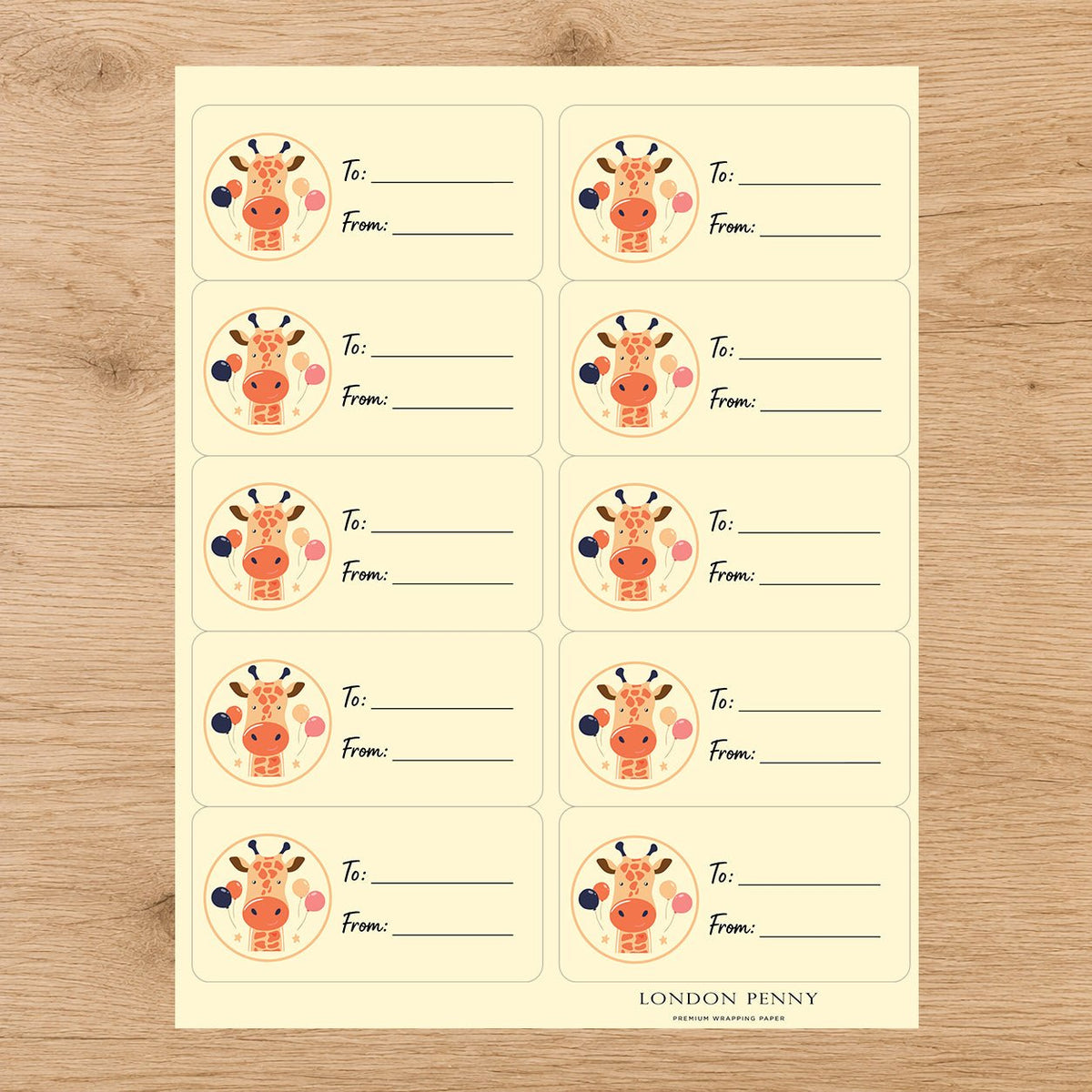 Giraffe Balloon Party Gift Tag Sticker Sheet - London Penny Gift Wrap