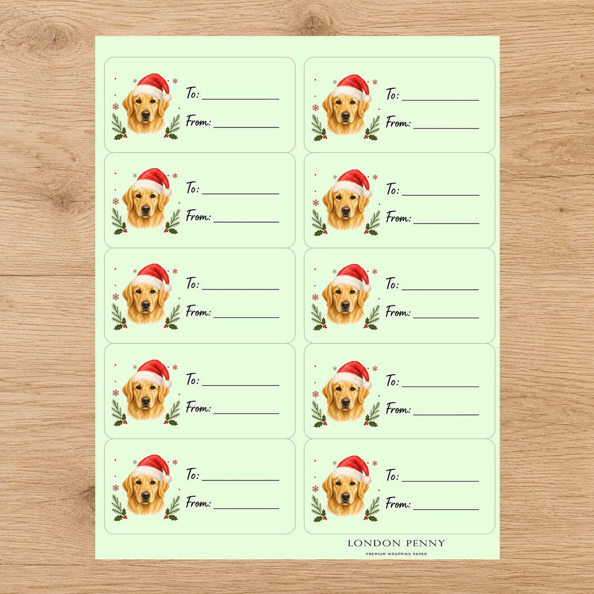 Golden Retriever Santa Paws Gift Tag Sticker Sheet - London Penny Gift Wrap