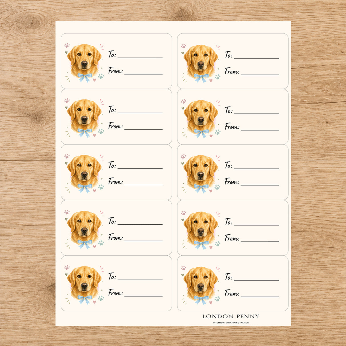 Golden Retriever Paws & Bows Gift Tag Sticker Sheet