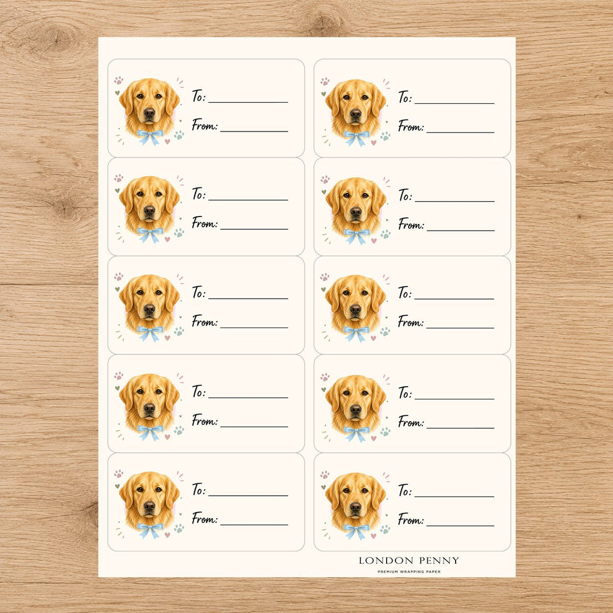 Golden Retriever Paws & Bows Gift Tag Sticker Sheet - London Penny Gift Wrap