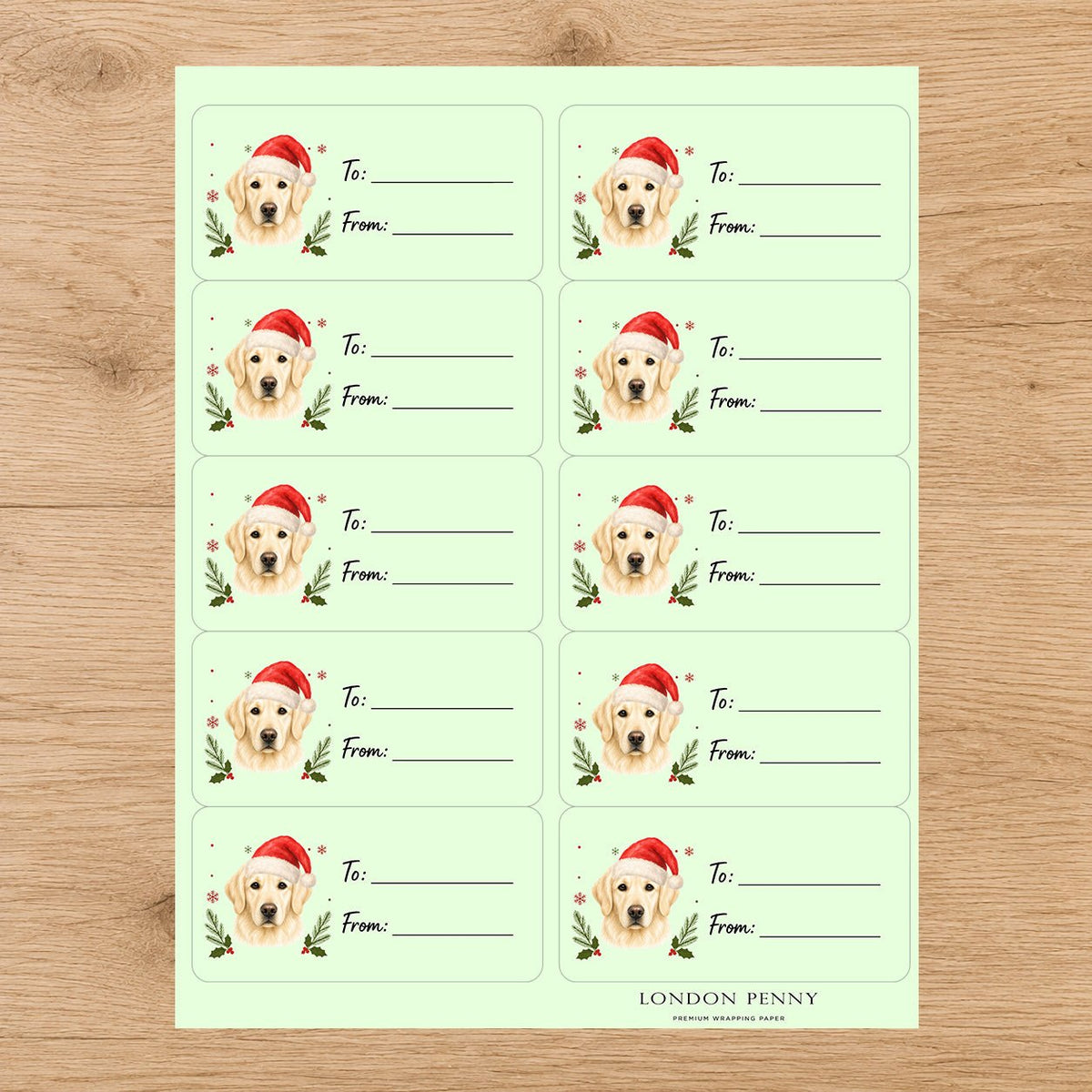 Golden Retriever Santa Paws Gift Tag Sticker Sheet - London Penny Gift Wrap