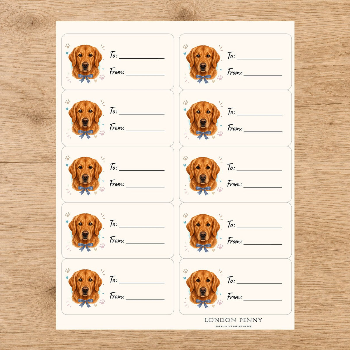 Golden Retriever Paws & Bows Gift Tag Sticker Sheet - London Penny Gift Wrap