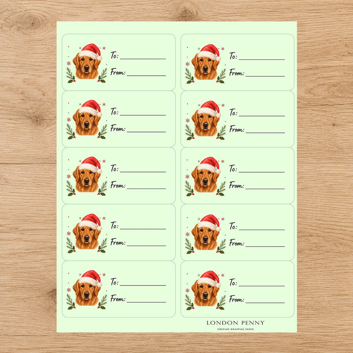 Golden Retriever Santa Paws Gift Tag Sticker Sheet - London Penny Gift Wrap