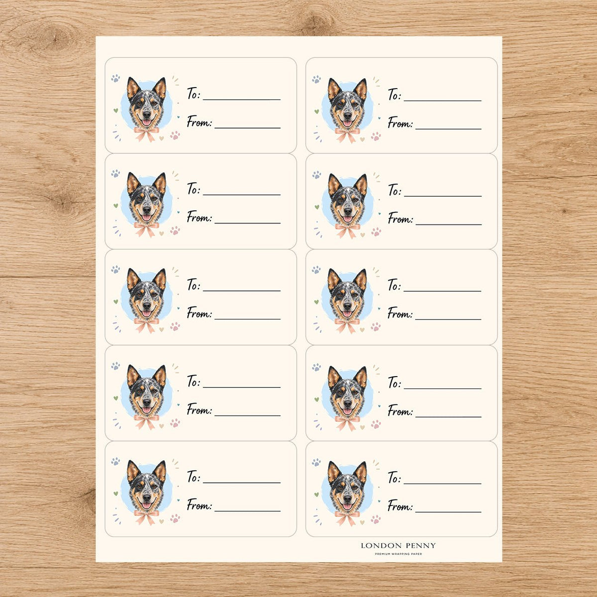 Heeler Paws & Bows Gift Tag Sticker Sheet - London Penny Gift Wrap