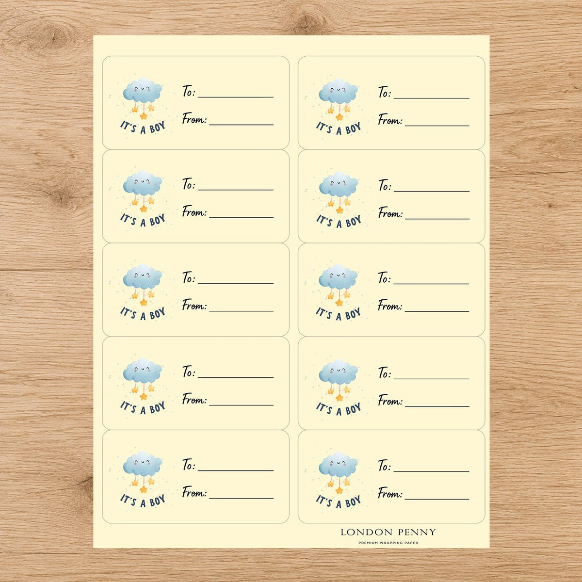 Hello Baby Boy Gift Tag Sticker Sheet - London Penny Gift Wrap