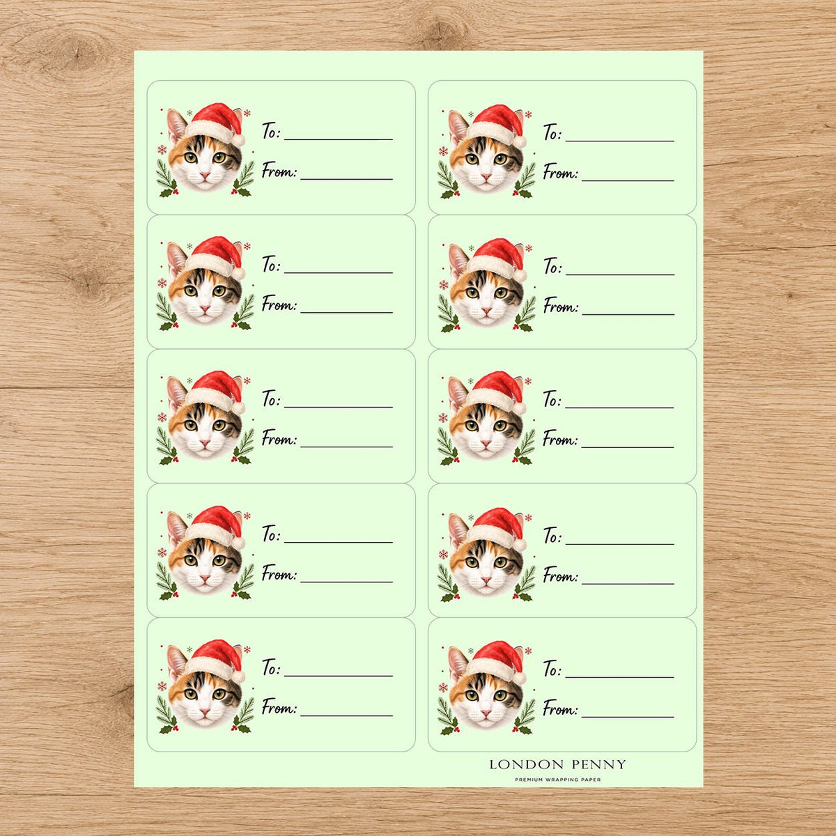 Japanese Bobtail Santa Paws Gift Tag Sticker Sheet - London Penny Gift Wrap