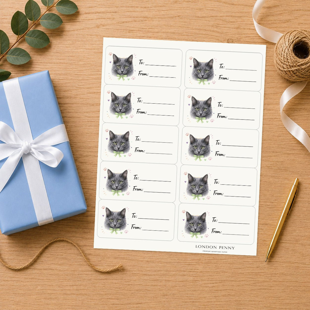Khao Manee Purrfectly Yours Gift Tag Sticker Sheet - London Penny Gift Wrap