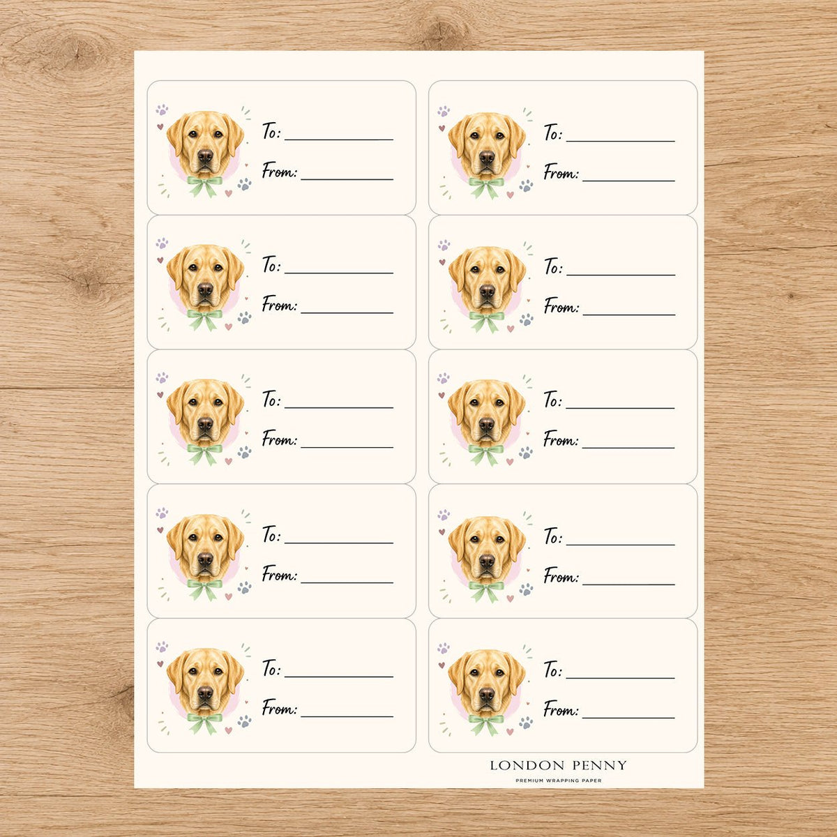 Labrador Retriever Paws & Bows Gift Tag Sticker Sheet - London Penny Gift Wrap