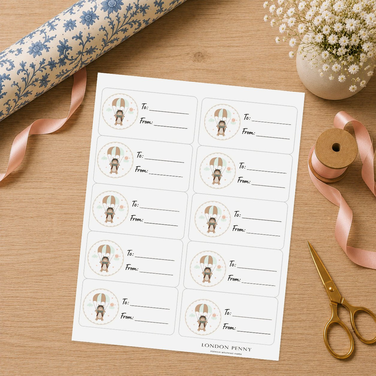 Little Bear Adventure Gift Tag Sticker Sheet - London Penny Gift Wrap