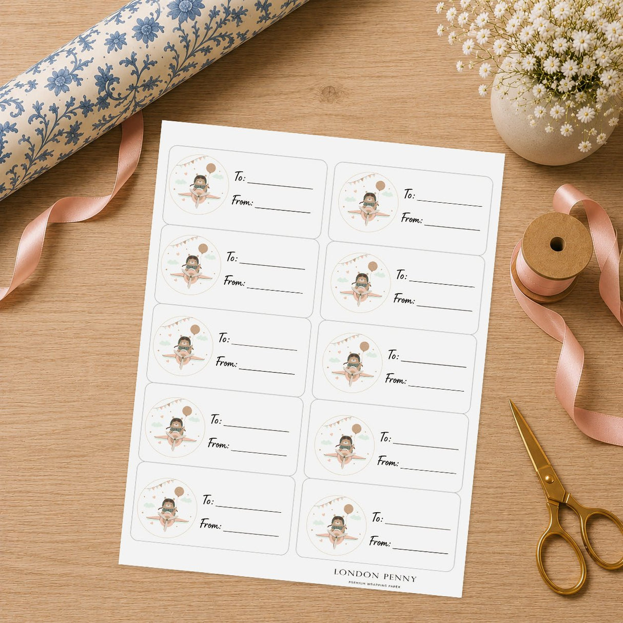 Little Bear Takes Flight Gift Tag Sticker Sheet - London Penny Gift Wrap
