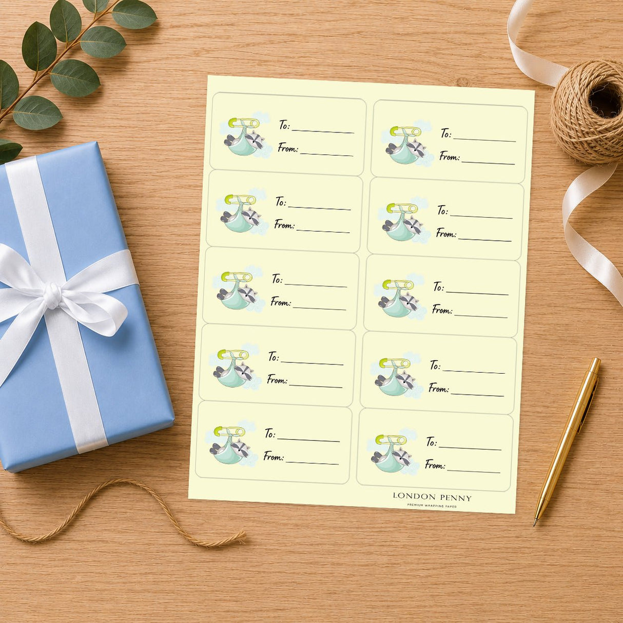 Little Raccoon Bundle Gift Tag Sticker Sheet - London Penny Gift Wrap
