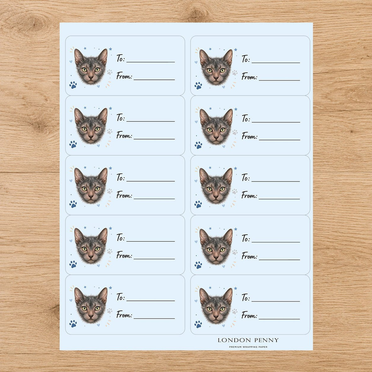 Lykoi Pawprint Wishes Gift Tag Sticker Sheet - London Penny Gift Wrap