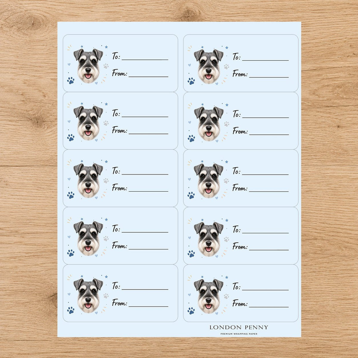 Miniature Schnauzer Pawprint Wishes Gift Tag Sticker Sheet - London Penny Gift Wrap