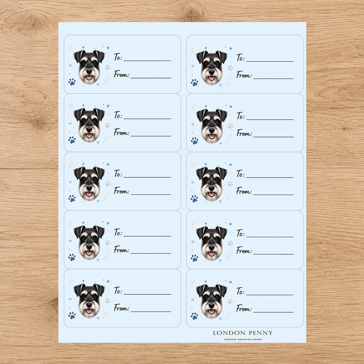 Miniature Schnauzer Pawprint Wishes Gift Tag Sticker Sheet - London Penny Gift Wrap