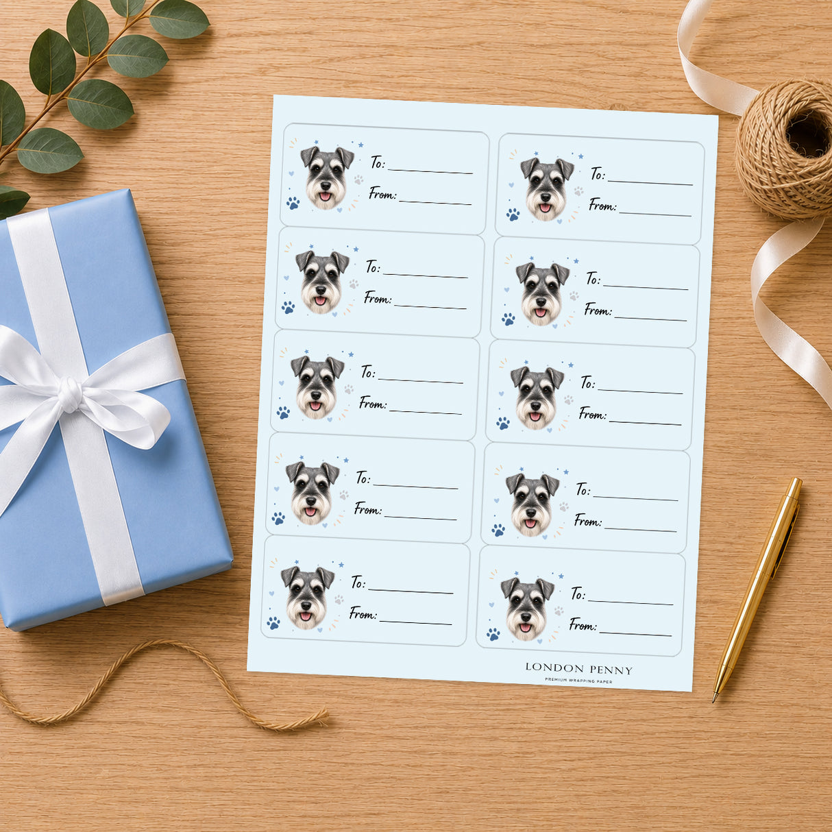 Miniature Schnauzer Pawprint Wishes Gift Tag Sticker Sheet