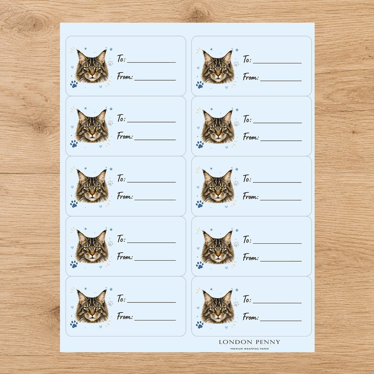Maine Coon Pawprint Wishes Gift Tag Sticker Sheet - London Penny Gift Wrap