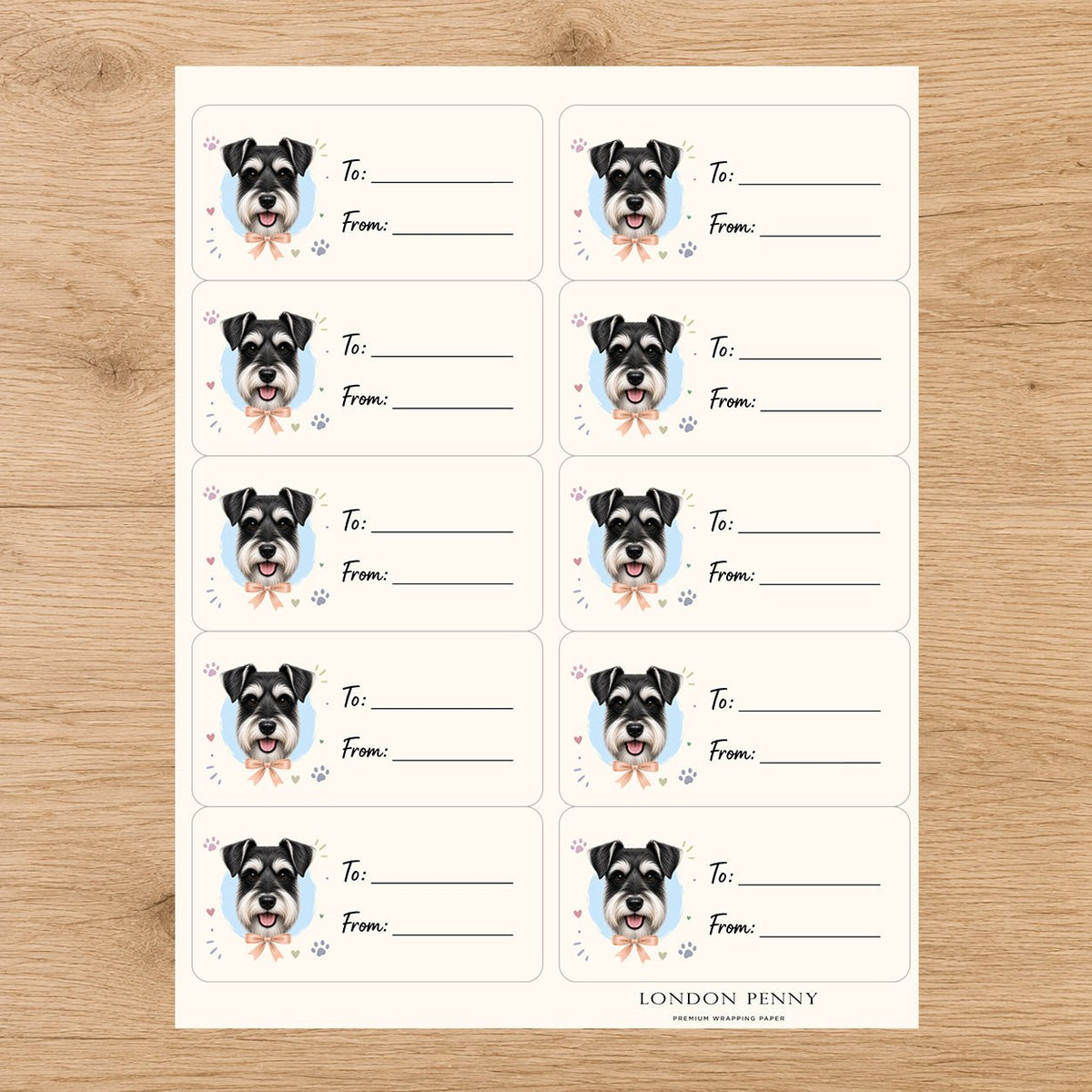 Miniature Schnauzer Paws & Bows Gift Tag Sticker Sheet - London Penny Gift Wrap