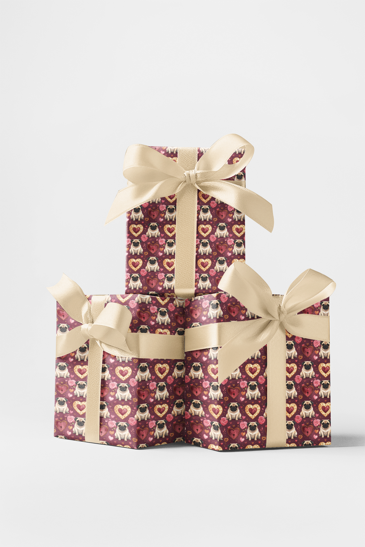 Love & Hearts Pug Wrapping Paper