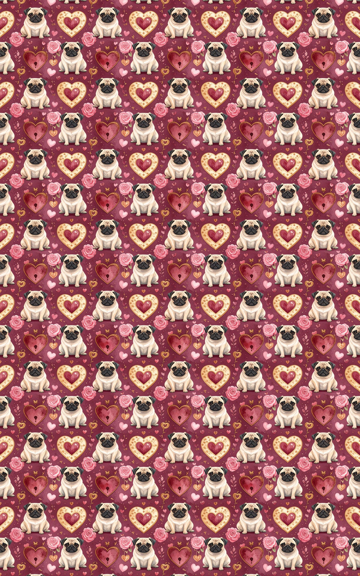 Love & Hearts Pug Wrapping Paper