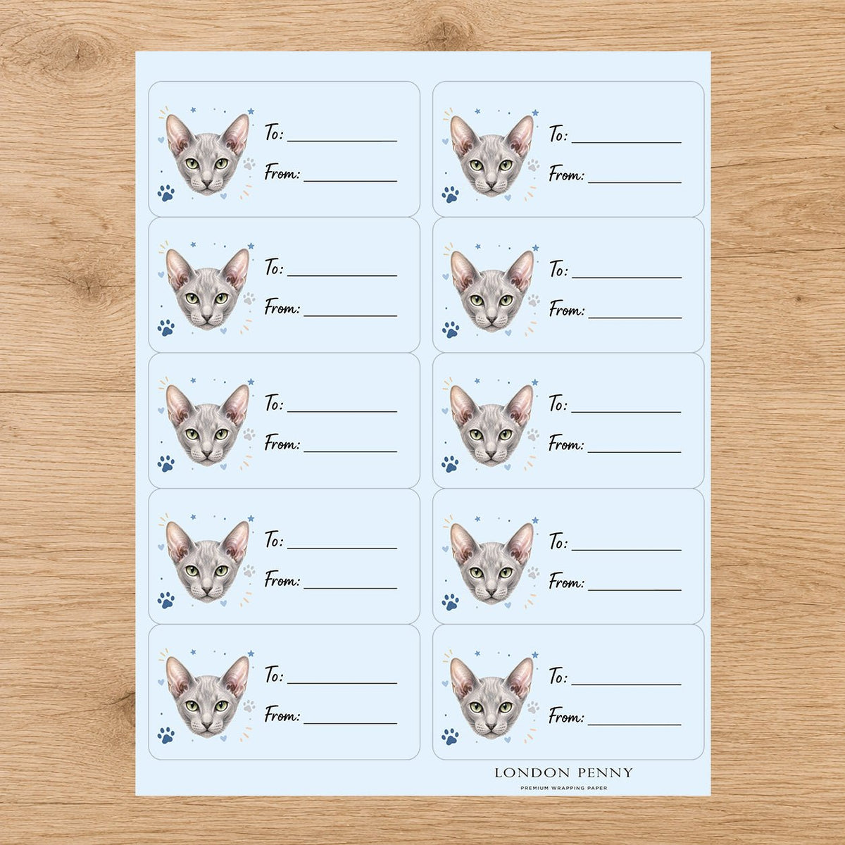 Peterbald Pawprint Wishes Gift Tag Sticker Sheet - London Penny Gift Wrap
