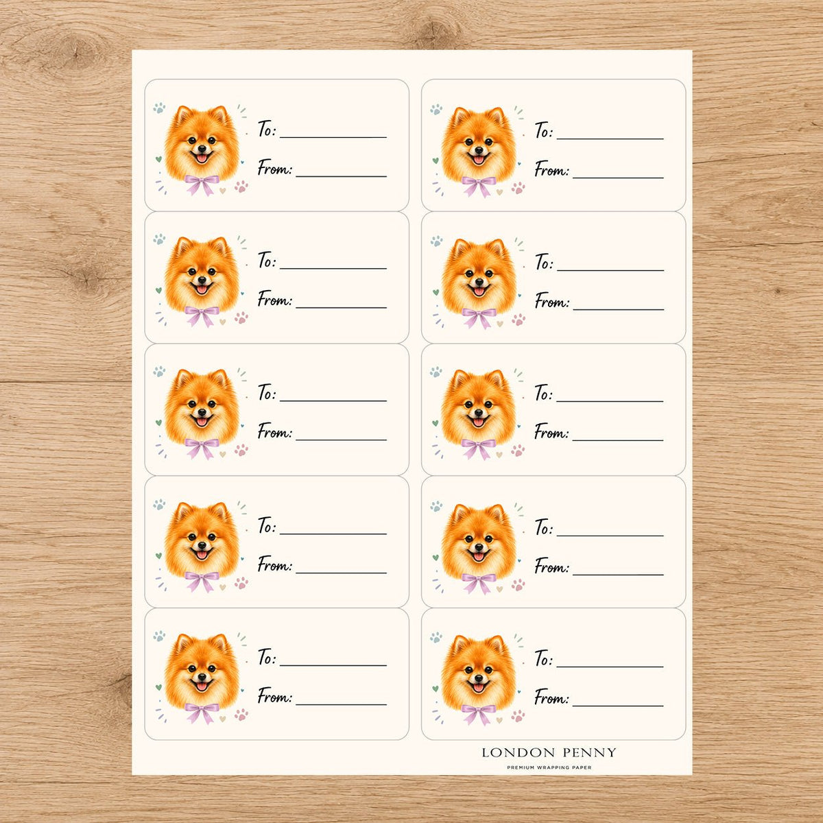 Pomeranian Paws & Bows Gift Tag Sticker Sheet - London Penny Gift Wrap