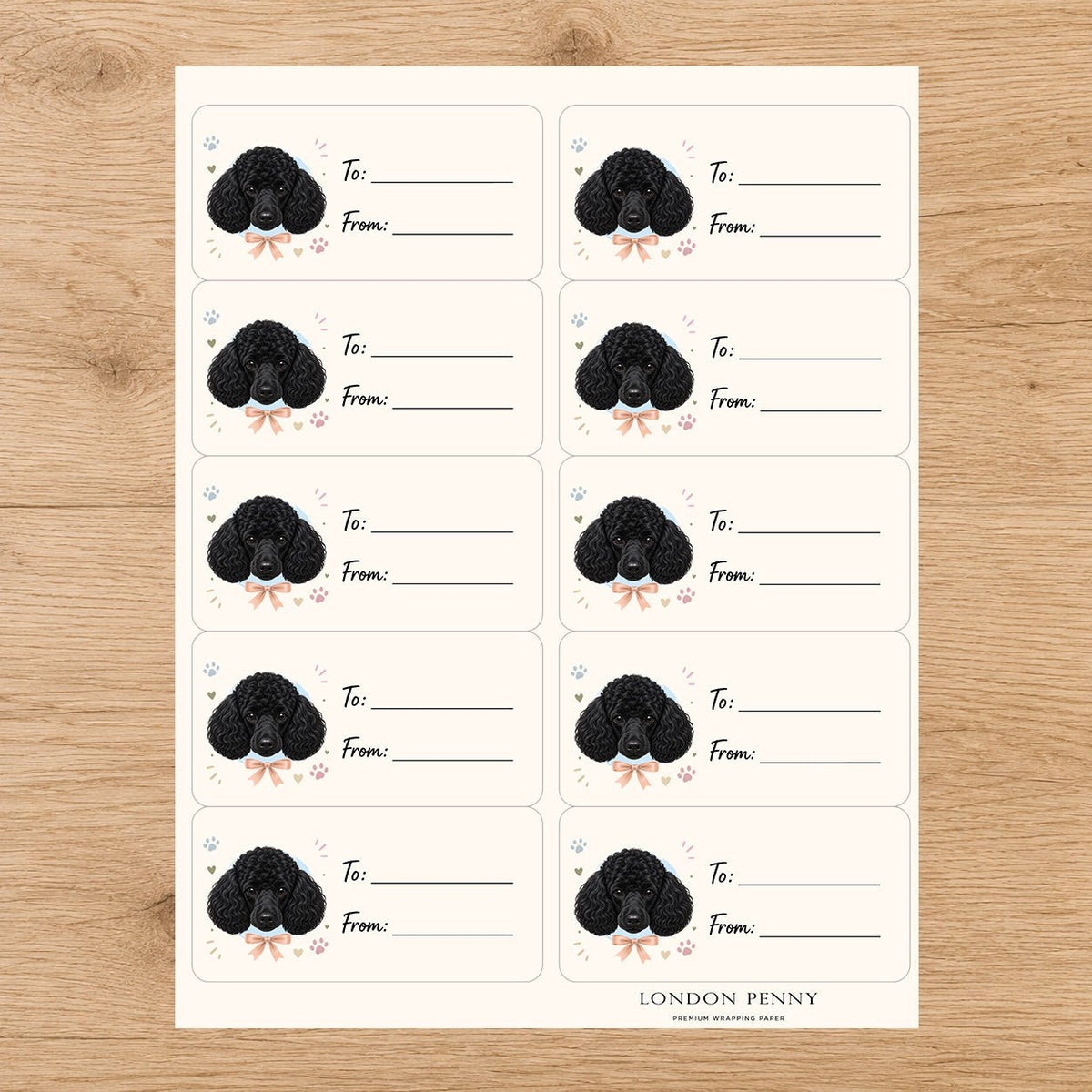Poodle Paws & Bows Gift Tag Sticker Sheet - London Penny Gift Wrap
