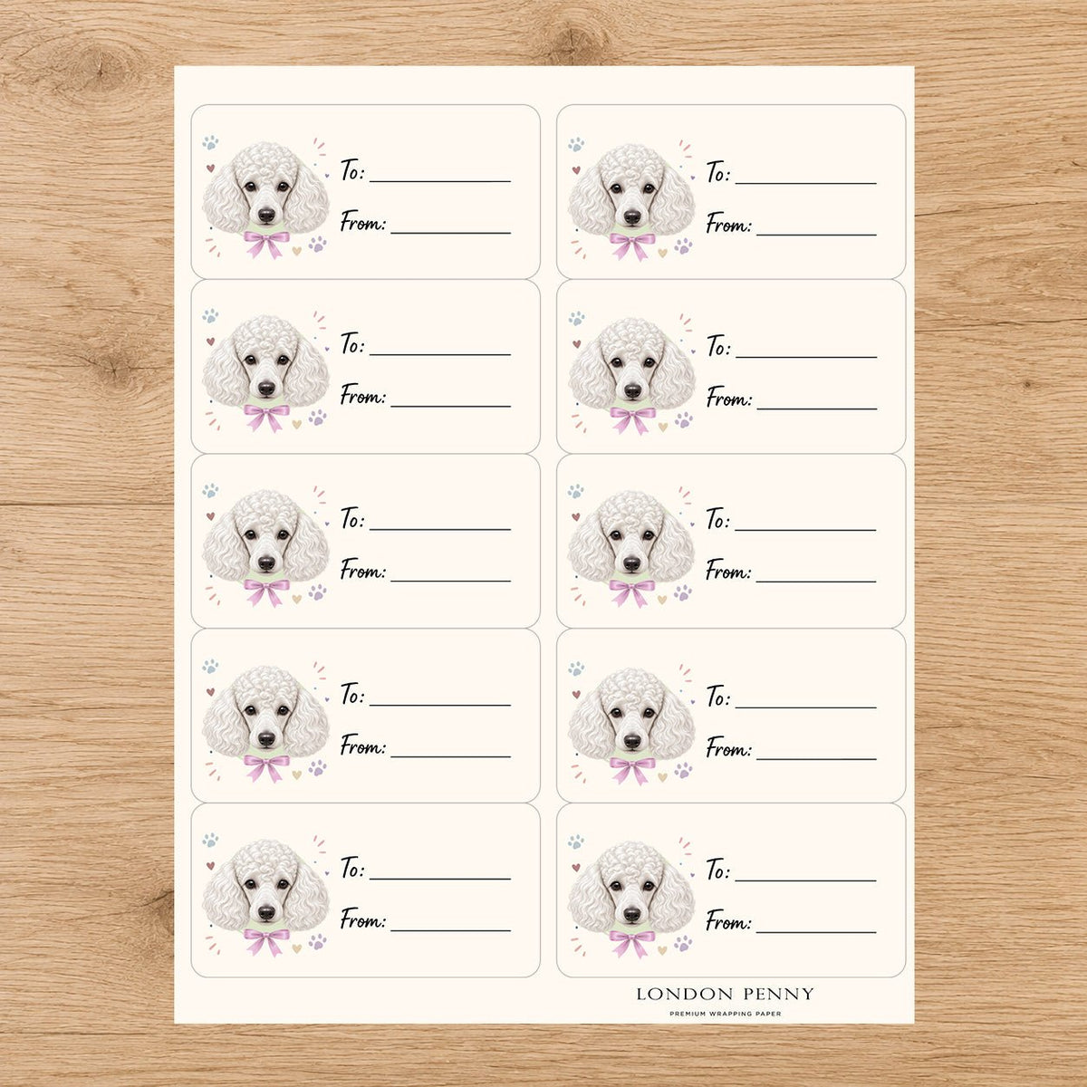 Poodle Paws & Bows Gift Tag Sticker Sheet - London Penny Gift Wrap