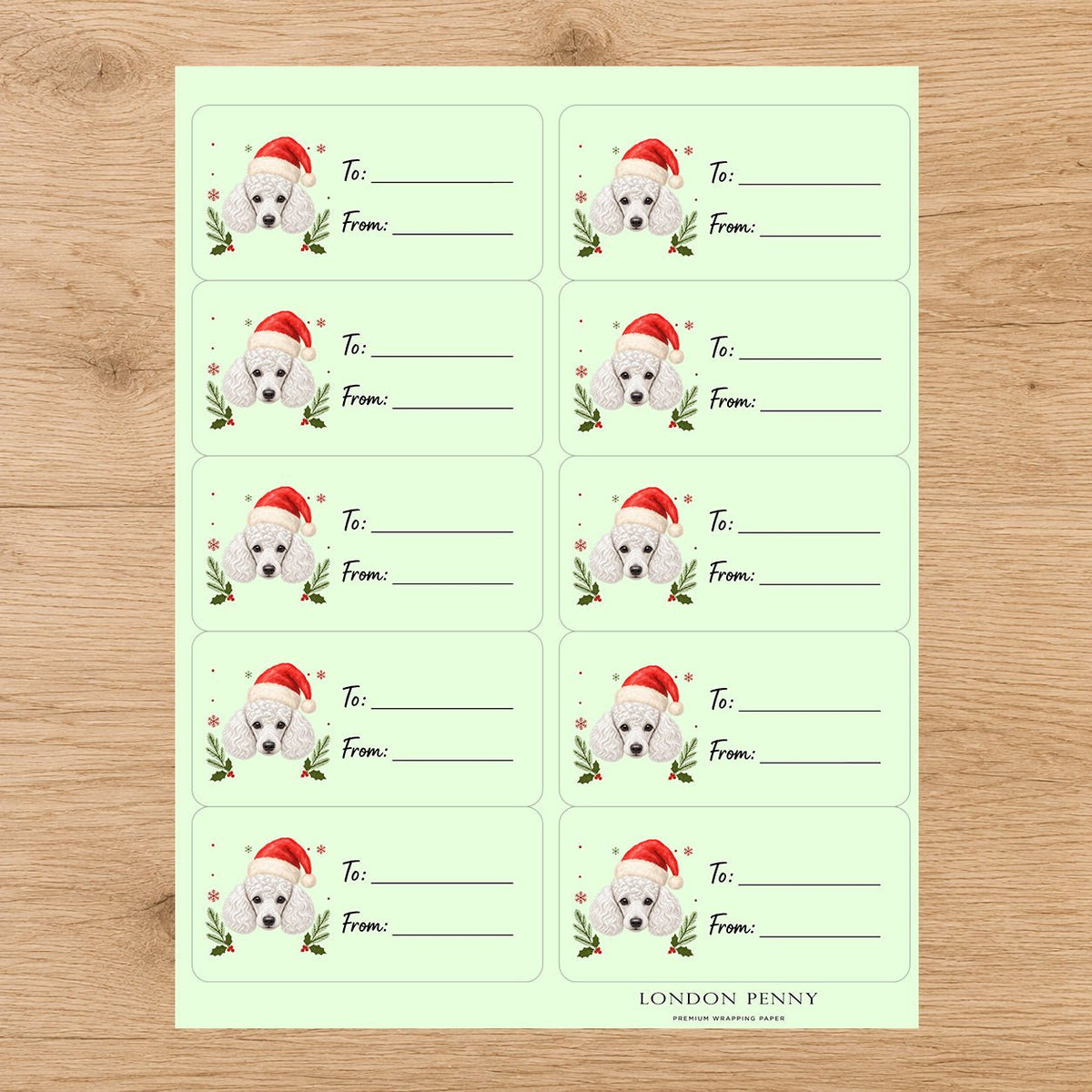 Poodle Santa Paws Gift Tag Sticker Sheet - London Penny Gift Wrap
