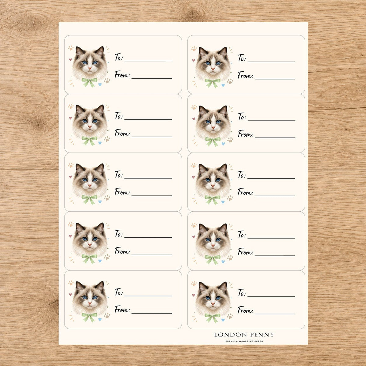 Ragdoll Purrfectly Yours Gift Tag Sticker Sheet - London Penny Gift Wrap