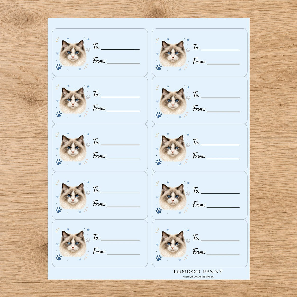 Ragdoll Pawprint Wishes Gift Tag Sticker Sheet - London Penny Gift Wrap